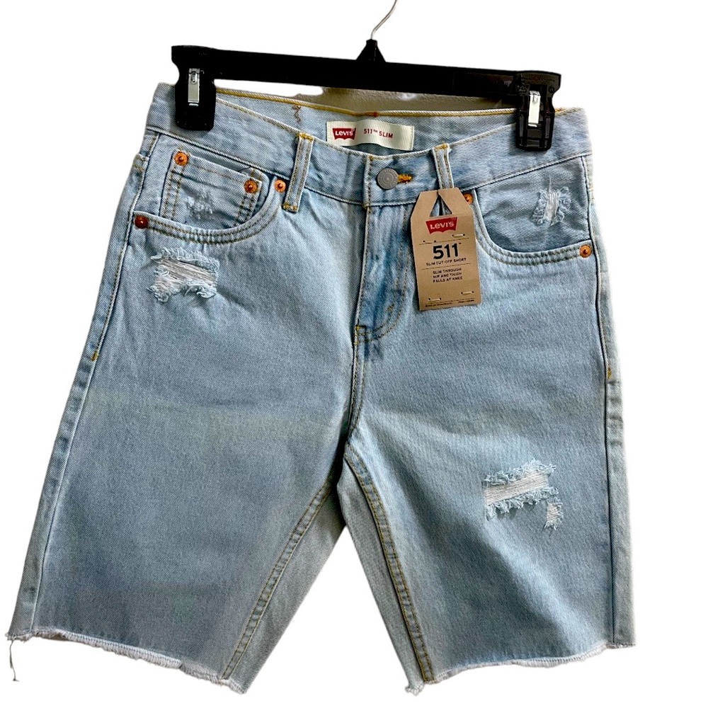 Levis 511 slim distressed jean shorts. Size: 14 regular. Color: light blue.